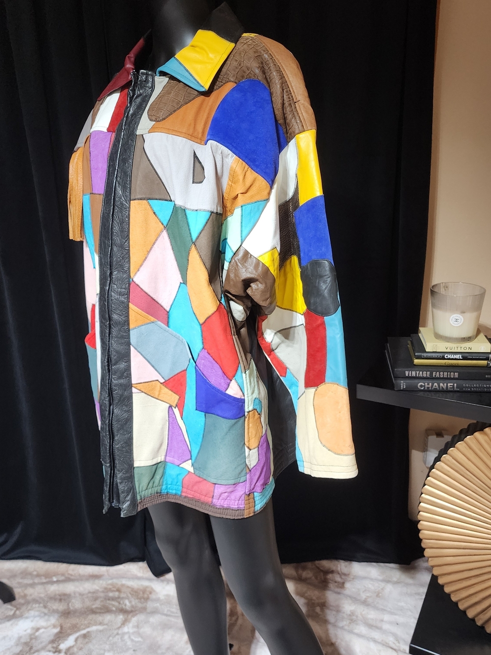Vintage 80s Patchwork Leather Fringe Jacket Oversized Western Boho M/L - Picture 14 of 16